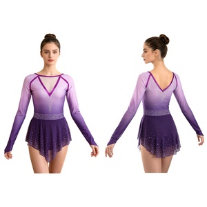 Robe de patinage artistique pour femme, ombrée, avec strass, en Spandex, col en V, manches longues en maille, avec trous pour les pouces, ourlet type mouchoir, pour compétition, personnalisable - Product Image 2