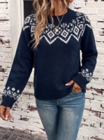 Pull ras du cou jacquard Fair Isle bleu marine pour femme, pull tricoté classique et confortable à motif flocon de neige géométrique avec ourlet côtelé, OEM/ODM