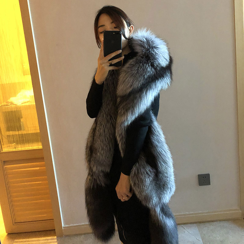 Mwfur Fashion Unisex Long Luxury Fox Skin Stole with Tails