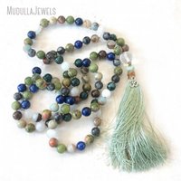 MN37203 Mala Japamala 108 perles nouées à la main en Jaspe Serpent et Lazuli, avec pompon en sauge, bijou de méditation, cadeau religieux bénit