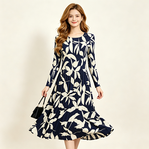 Abito Midi da Donna Taglia Unica, Maniche Lunghe, Collo Tondo, Stampa Foglie Blu, Plissettato, Resistente alle Pieghe, Belle Cadenze, Vestito Casual - Product Image 2