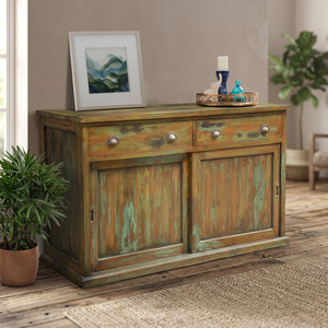 Antique Asian Teak <b>Cabinet</b> 2-Door Sliding with 2-Drawers Recycled Painted Solid Wood Furniture 150x60x90cm for Living Room Home - Product Image 2