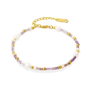 Pulsera de Perlas de Agua Dulce de Acero Inoxidable con Dijes de Cristal Chapados en Oro Fino de Moda - Product Image 2