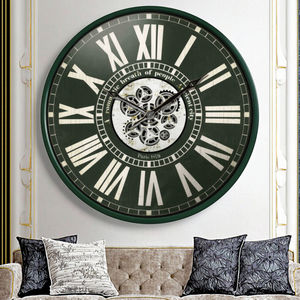 Luxe 24 pouces simple face fer mécanique horloge murale vert <span class=keywords><strong>Vintage</strong></span> carte du monde engrenage Logo personnalisé aiguille pour salon décor - Product Image 2