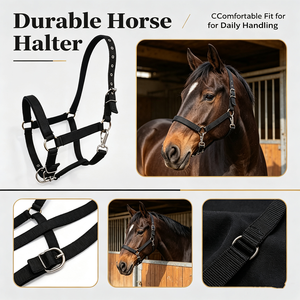 Black Nylon Adjustable Horse Halter Heavy Duty Horse Headcollar with Stainless Steel Metal Buckles <b>Snap</b> Clip Durable Horse Tack - Product Image 4