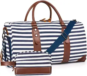 Weekender बैग कैनवास चमड़े Duffle बैग रातोंरात यात्रा ढोना बैग पर ले जाने के साथ सामान आस्तीन