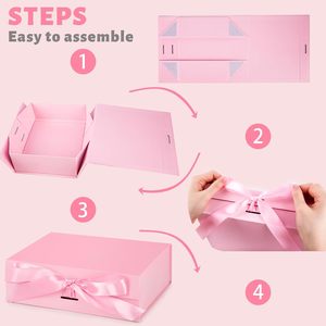 Pink Folding <b>Gift</b> <b>Box</b> With Lid Magnetic Closure Ribbon For Bridal <b>Gifts</b> Weddings Birthdays Mother's Day - Product Image 3