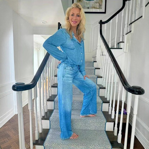 Set Due Pezzi in Denim alla Moda per Donna: <span class=keywords><strong>Camicia</strong></span> a Maniche Lunghe e Pantaloni a Gamba Larga, Completo Coordinato Streetwear <span class=keywords><strong>Femminile</strong></span> - Product Image 3