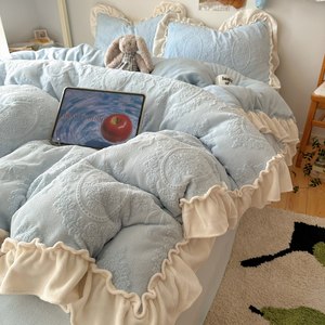 Set di Biancheria da Letto Invernale in Cashmere e Flanella, 4 Pezzi, Motivo Floreale in Rilievo con Bordo Arricciato Color <span class=keywords><strong>Crema</strong></span>, Set di Lenzuola Morbide e Confortevoli - Product Image 3