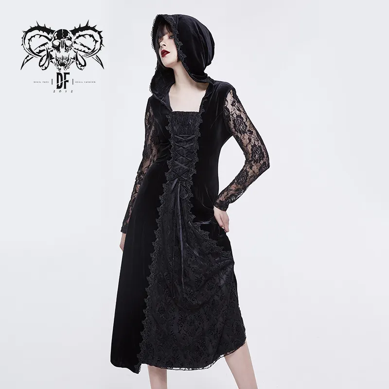 SKT085 autumn black nipped waist slender gothic women rose lace sleeves hooded long velvet wedding dresses