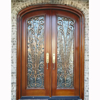 Porte cintrée noire de style français vintage, double battant, en bois composite massif, laquée, anti-effraction, à profil arrondi