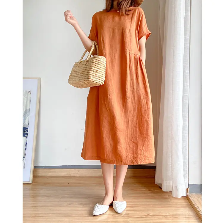 women's casual loose fitted natural breathable linen boat neck drop shoulder short sleeve midi dress with gathers along waist