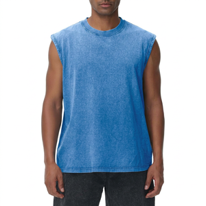 Camiseta sin mangas para hombre, estilo casual de punto, cuello redondo, azul sólido, algodón lavado, tendencia 2026 - Product Image 1