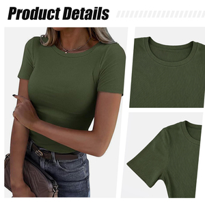 Camiseta Básica de Cuello Redondo Acanalado para Mujer, Manga Corta, Ajustada, para Ropa Urbana y Diaria - Product Image 5