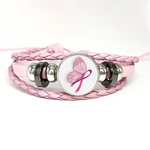 Tema del nastro rosa gemma del tempo bracciale in corda di pelle da donna cura del cancro al seno