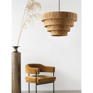 Lampe suspendue rétro en paille tressée, lumière Led ronde, base d'ampoule E27, luminaire décoratif pour Restaurant, chambre à coucher, salon - Product Image 4