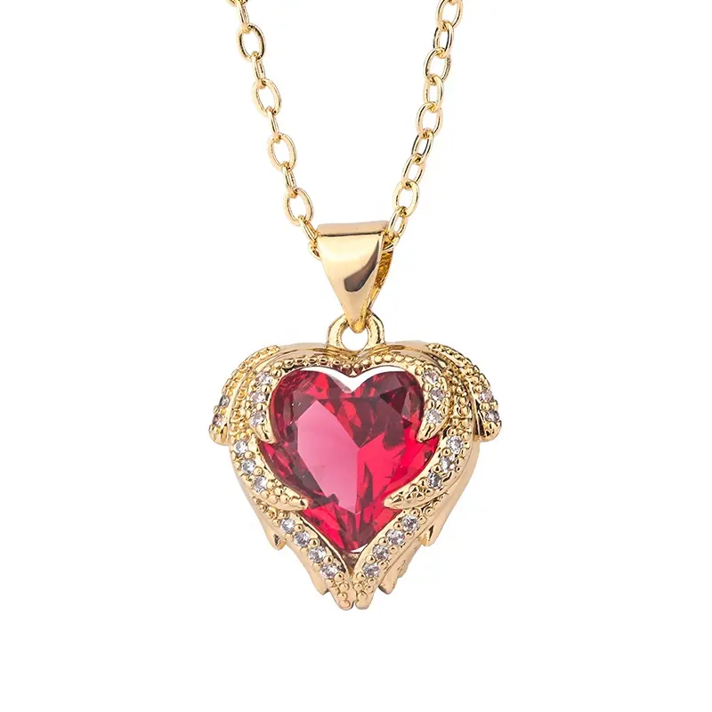 Light Luxury High-grade Copper Inlaid With Red Zircon Chain Heart-shaped Women Gold Plated Necklace