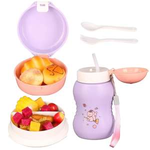 Boîte à lunch et gourde pour enfant, motif quadrillé mignon, en plastique, dessin animé, ensemble boîte à lunch pour enfant 700 ml et gourde avec sac en PVC - Product Image 2
