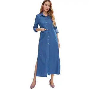 केंटकी लेडी ढीला फिट लंबे टखने की लंबाई लंबी आस्तीन जेब पक्ष भट्ठा बटन नीचे शर्ट नीले रंग की डेनिम पोशाक