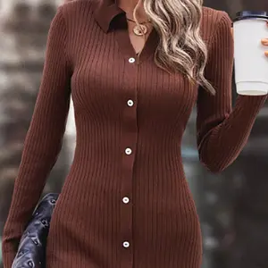 Knitwear Manufacturer Custom V Neck Long Sleeve Elegant Casual Dresses Women Sexy Sweater Knit Dress