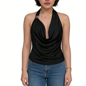 Top Corto Halter con Cuello Drapeado y Detalles Metálicos para Fiesta y Discoteca, Chaleco Fruncido sin Mangas para Mujer, Moda - Product Image 4