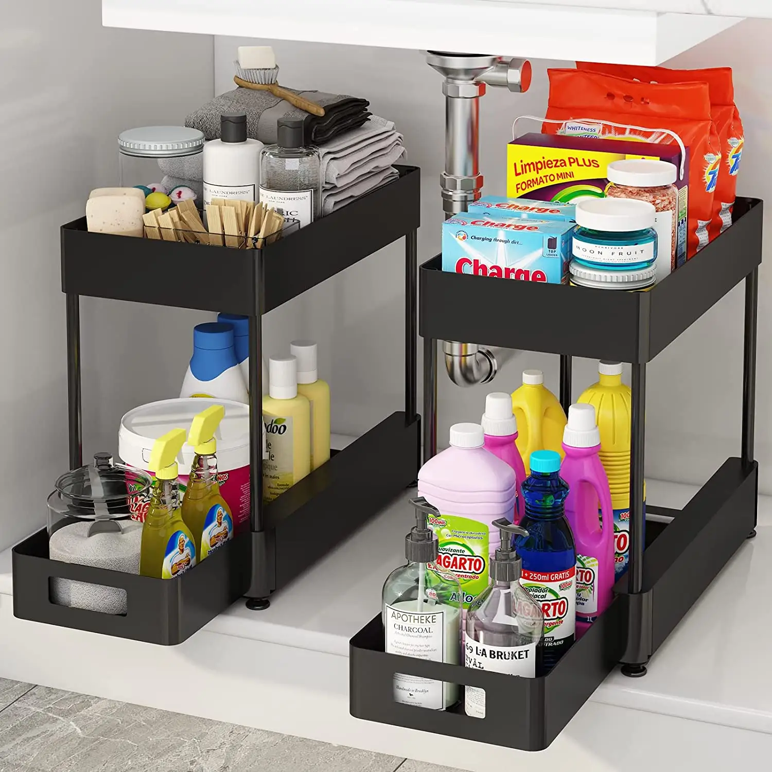 Hot Sale Black Bathroom Multifunctional Pull Out Cabinet Storage Rack 2 Tier Under Kitchen Sink Organizer With Sliding Drawer