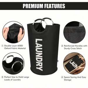 <b>Laundry</b> <b>Basket</b> <b>Collapsible</b> <b>Laundry</b> Bag Foldable Hamper Folding Washing Bin Black Sturdy Aluminum Handles with Foam Padding - Product Image 3