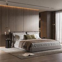 Ensemble de meubles de chambre principale haut de gamme et moderne : cadre de lit en bois sur mesure, armoire pleine hauteur, table de chevet et armoire de rangement