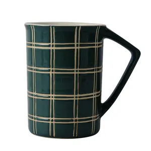 KEDALI Factory Vintage England Plaid Creative Triangle Handle Stoneware Coffee Ceramic Mug Cup for Party Wedding Gift