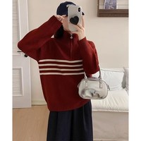 Pull en cachemire rayé sur mesure à demi-zip pour femme, chemise intérieure pour femme, style occidental automne-hiver.