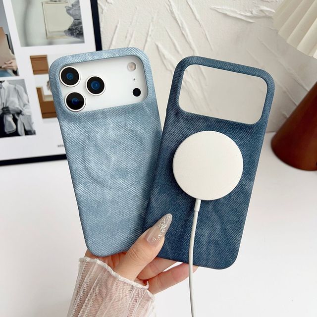 Retro Denim Magnetic Leather Phone case for iphone 17 Air 16 15 14 Pro Max Solid Color Wireless Charging Half Package Back Cover