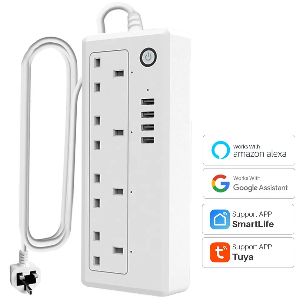 Multiprise intelligente UK WiFi Tuya avec 4 prises ca, 4 ports USB, contrôle vocal, application Smart Life, fonctionne avec Google Assistant Alexa