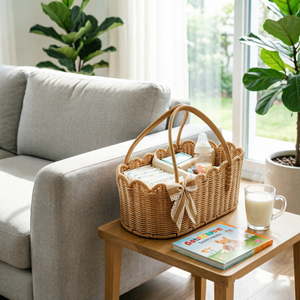 Cesta de mimbre premium en forma de abanico <span class=keywords><strong>para</strong></span> guardar pañales de bebé, con divisores extraíbles y lazo de regalo, <span class=keywords><strong>para</strong></span> almacenamiento de artículos de paternidad y habitación infantil - Product Image 6