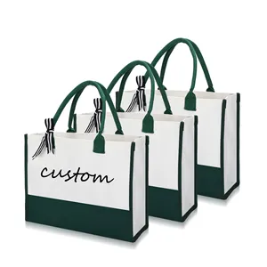 Özel yeşil kadın bakkal çanta alışveriş seyahat plaj düğün öğretmen hediyeler kadınlar için rahat sap jüt Tote çanta