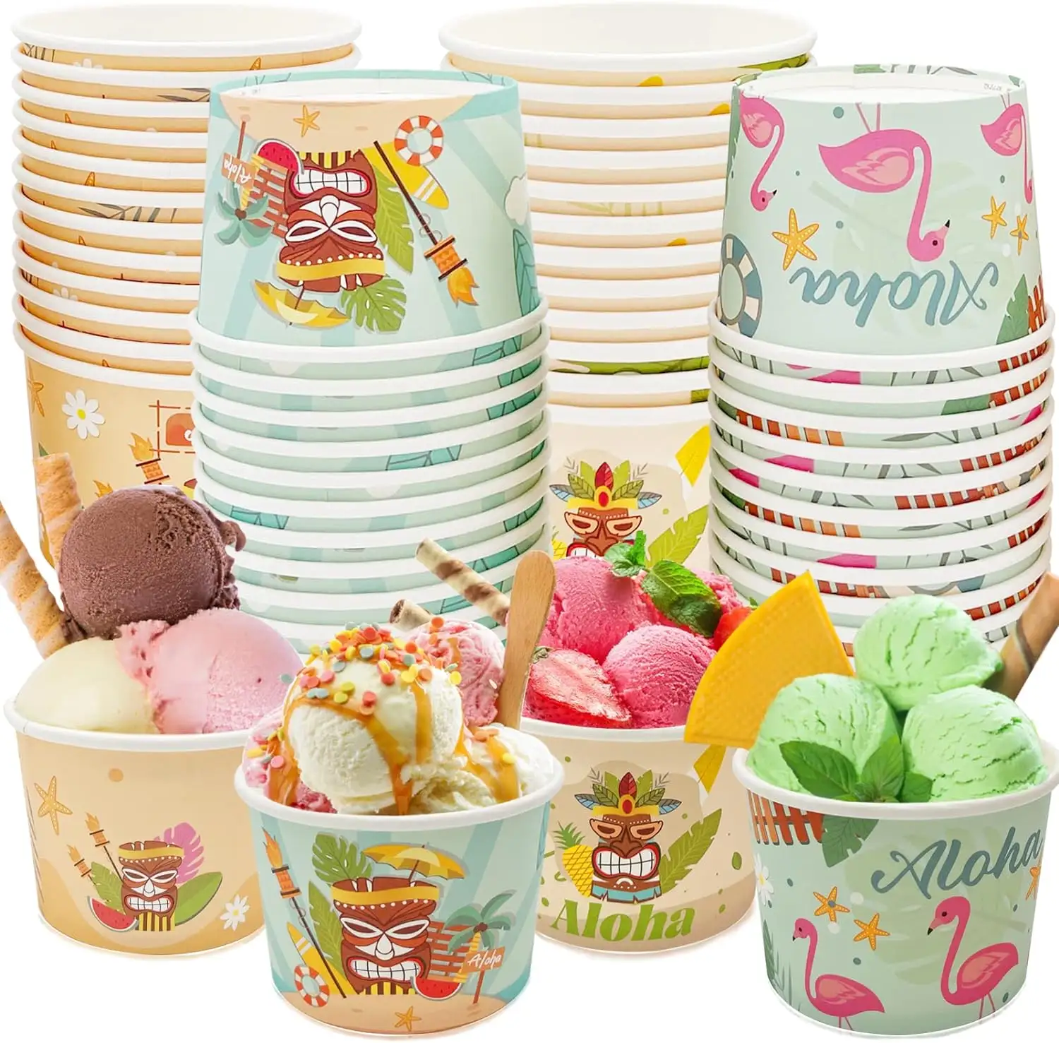 24 Packs 8oz Tropical Luau Party Paper Cups Bowls Disposable Hawaiian Beach Snack Dessert Soup Bowls Food Use Folders Included