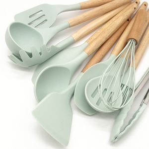 Silicone <b>Cooking</b> <b>Utensils</b> Kitchen <b>Utensils</b> <b>Set</b> 11pcs Wooden Handle Non-Stick BPA-Free Cookware Plastic Round Holder - Product Image 3