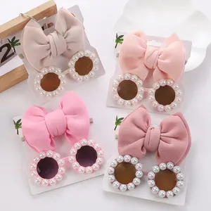 New Fashion Pearl Vintage Sun Flower Sunglasses Set with Lovely Children Space Solid Color Nylon Elastic Headband for Girl