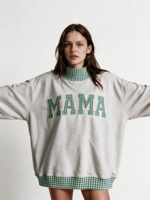 Sweat-shirt à col montant brodé patchwork pour femme, en molleton de coton, manches longues, design patchwork vintage, pull-over OEM