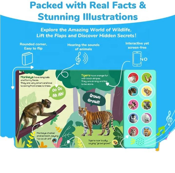 Wildlife Lift the Flap Sound Book Plastic Interactive Educational Toy with Animal Sounds Screen-Free Early Learning for Kids