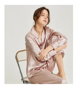 Momme-Pijama de seda mulberry para mujer, conjunto de 2 piezas de buena calidad, transpirable, con volantes, 19