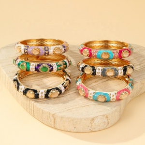 Wholesale Inlaid Cloisonne Enamel Alloy Wide Bangle Gold Plated Color Block Geometric Spring Hinged Bracelet Women Chinese - Product Image 3