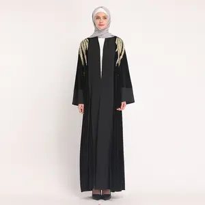 새로운 패션 현대 kaftan 모로코 이슬람 블랙 꽃 자수 카디건 기모노 abaya