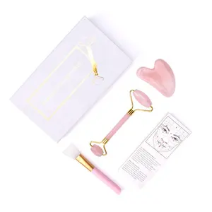 Manufacturer Wholesale 3 in 1 Pink Jade Roller Gift Set Facial Brush Rose Quartz Roller and Gua Sha Set