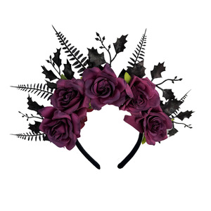 Dark Gothic Floral Headband Black Leaves Artificial Rose Halloween <b>Women</b> <b>Cosplay</b> Evening Makeup Party Hair Accessory - Product Image 3