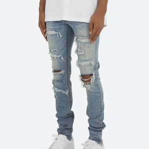 Jeans skinny vintage personnalisés avec strass en diamant empilés et délavés pour hommes - Product Image 2