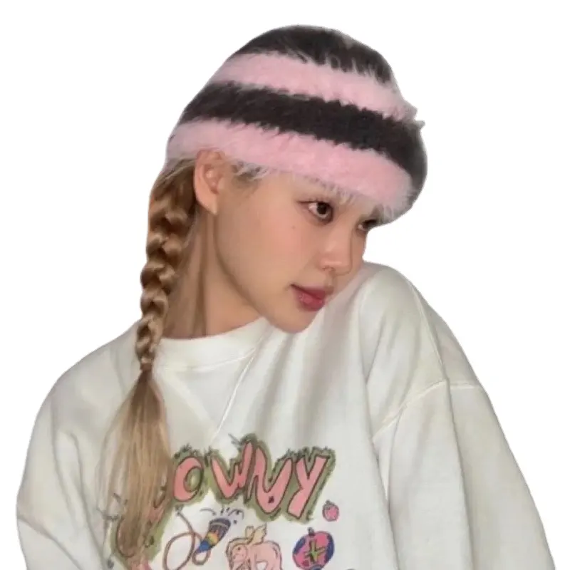 Gorro cálido de invierno a rayas para mujer, gorro de punto de piel sintética para mujer