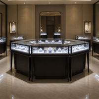 Vitrine de présentation de bijoux sur pied sur mesure en gros, en contreplaqué avec verre trempé et éclairage LED pour bijouterie