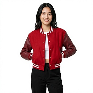 Veste universitaire en laine rouge personnalisée unisexe avec manches en cuir, veste de baseball classique avec logo brodé, veste bomber - Product Image 1