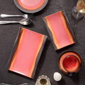 WEIYE set piring saji keramik, set piring sushi bentuk persegi panjang untuk restoran, merah muda Jepang