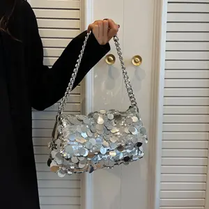 Desain baru tas tangan wanita payet berkilau tas pesta selempang rantai logam tas bahu lipat bling retro untuk wanita